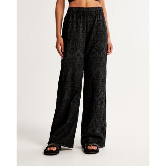 Abercrombie & Fitch Textured Cutwork Cotton Wide Leg Pull-On Pants Black Size XL - Picture 3 of 10